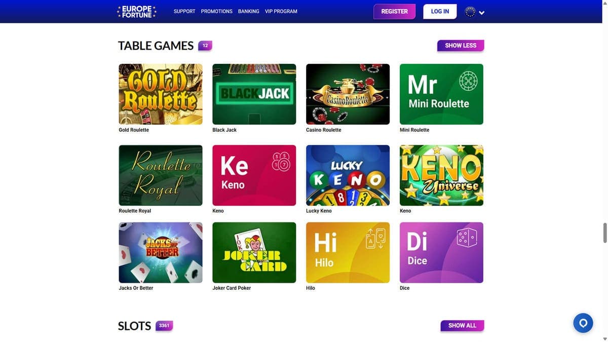 Table games Europe Fortune Casino