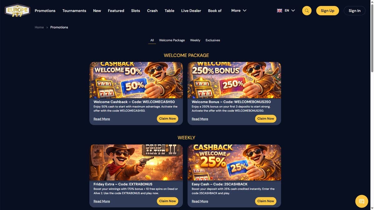 Promotions Europe777 Casino
