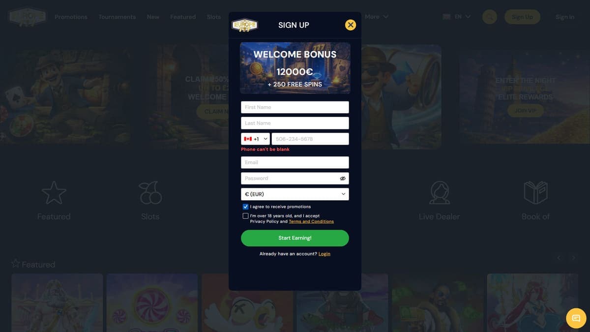Sign up Europe777 Casino