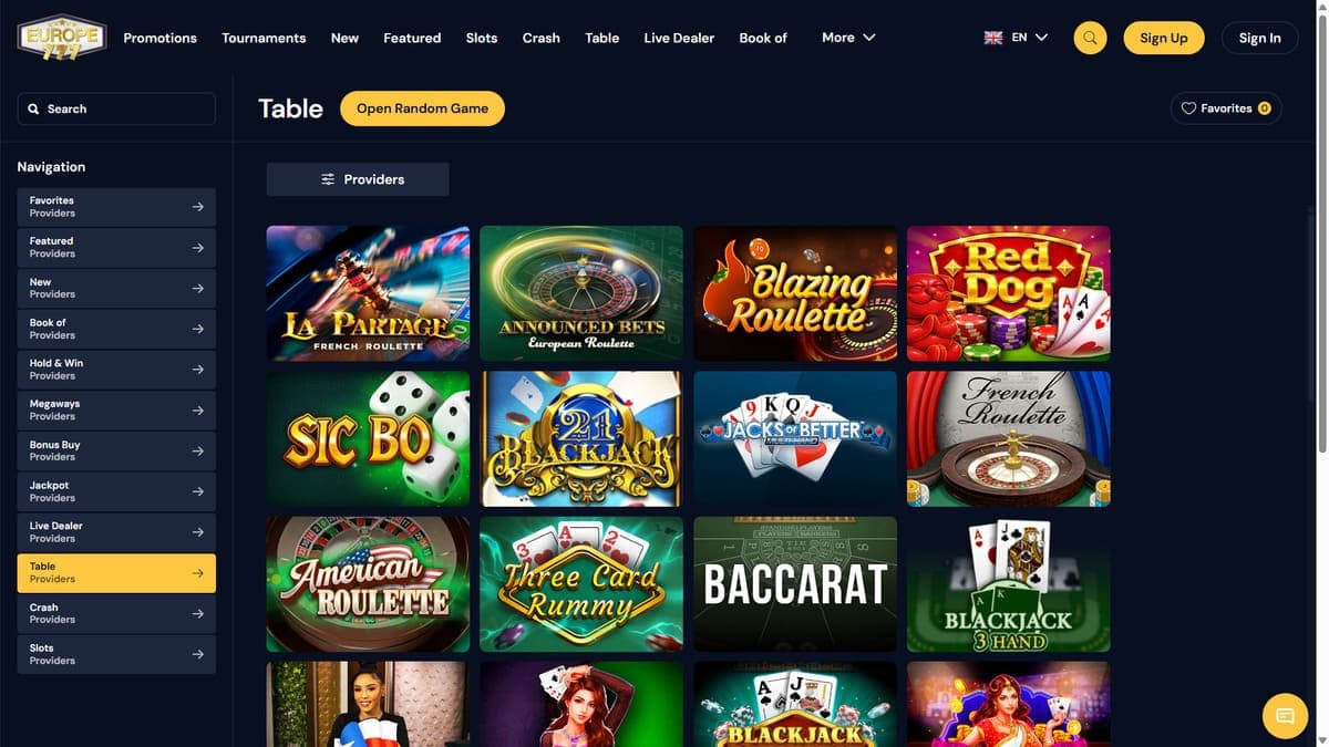 Table games Europe777 Casino
