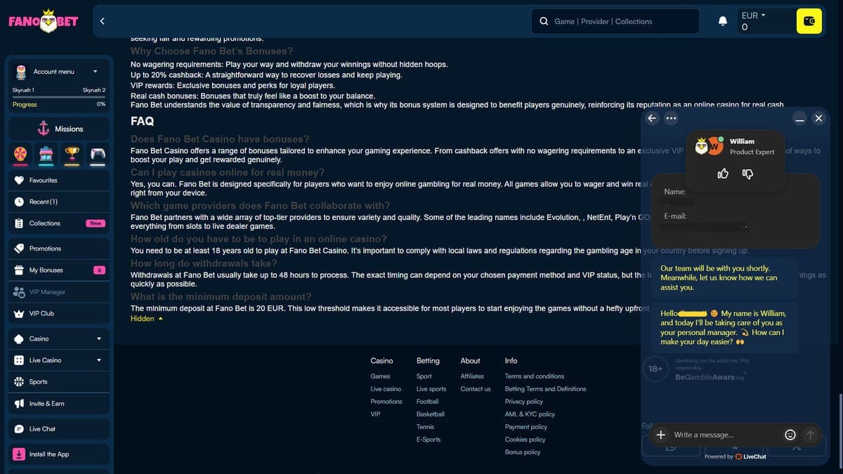 Customer Service Fanobet Casino