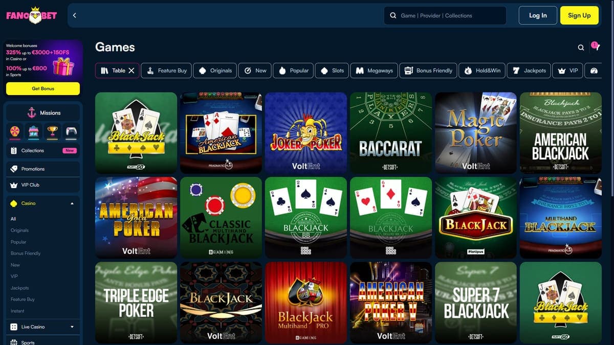 Table games Fanobet Casino