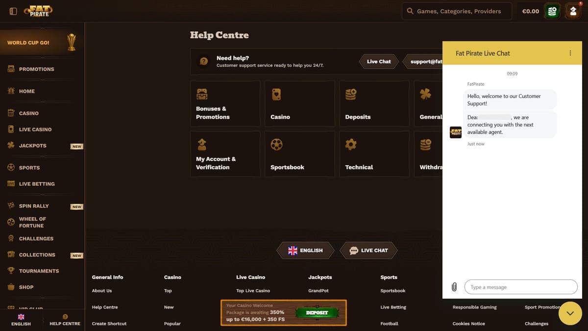 Customer service FatPirate Casino