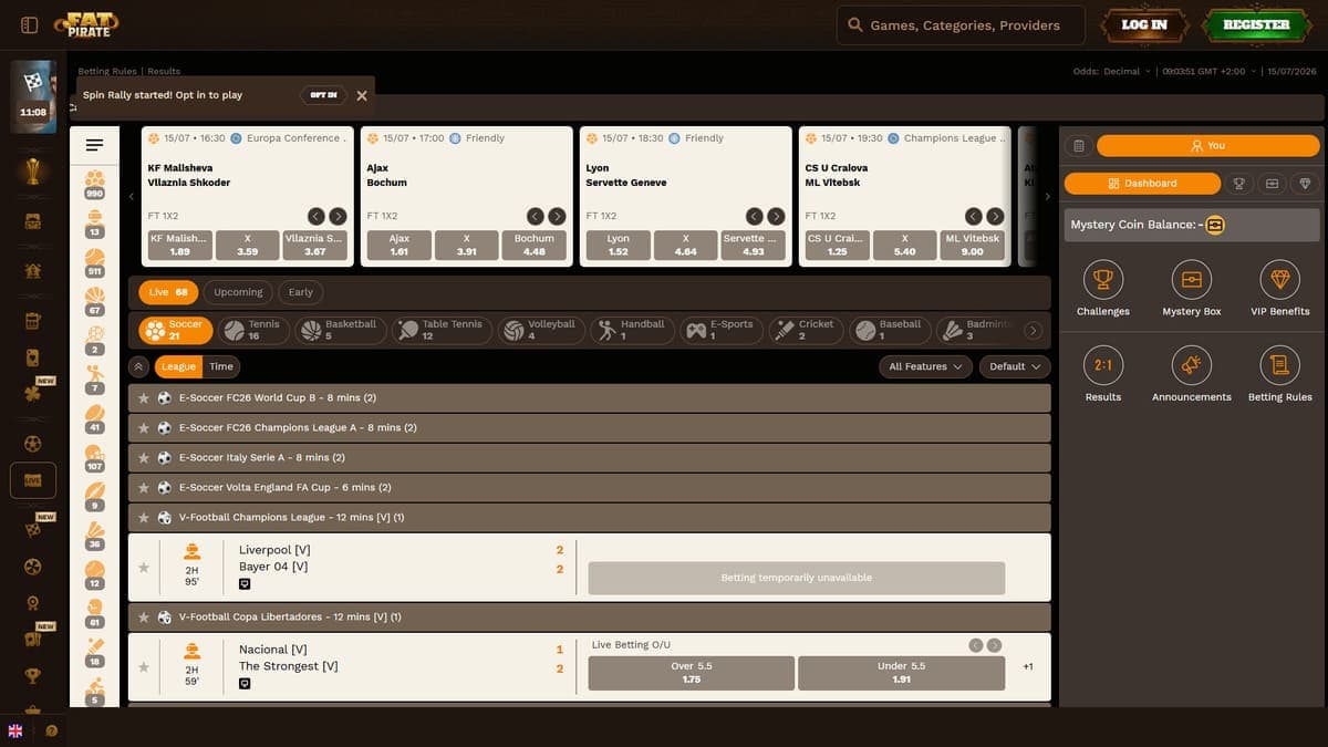 Live betting FatPirate Casino