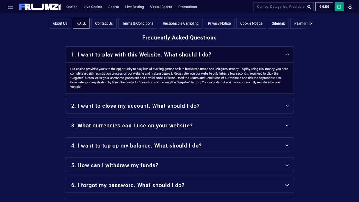 FAQ Frumzi Casino
