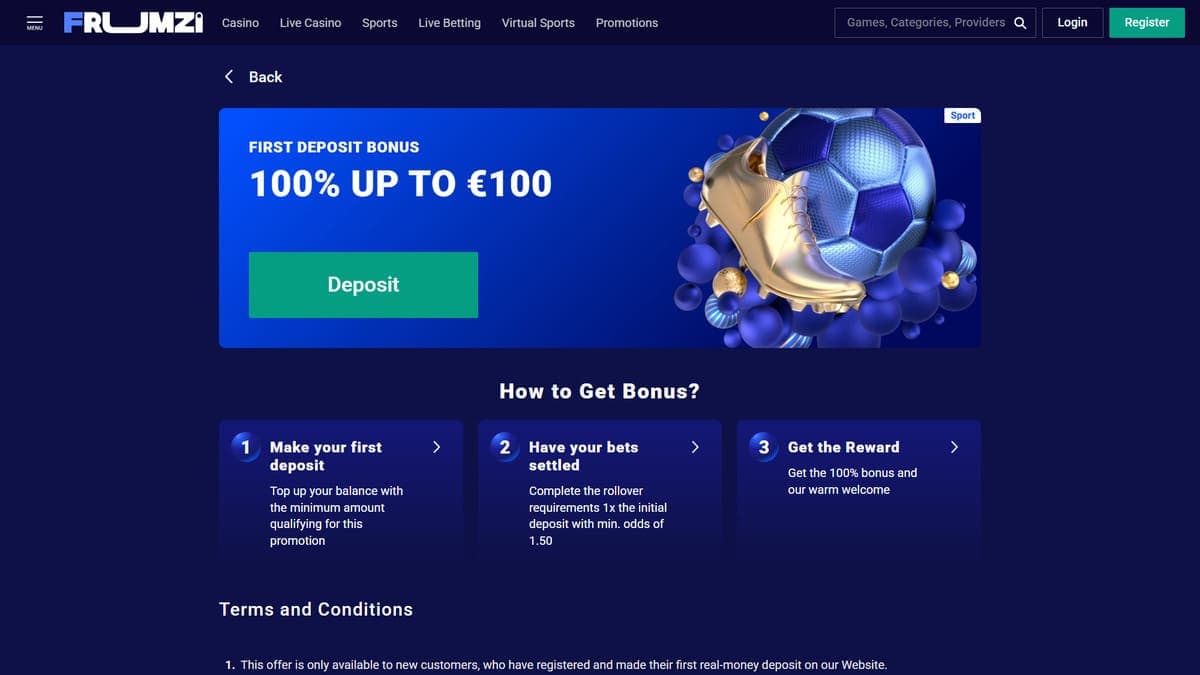 First deposit bonus Frumzi Casino