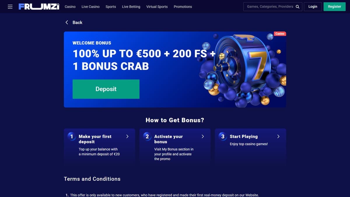 Welcome bonus Frumzi Casino