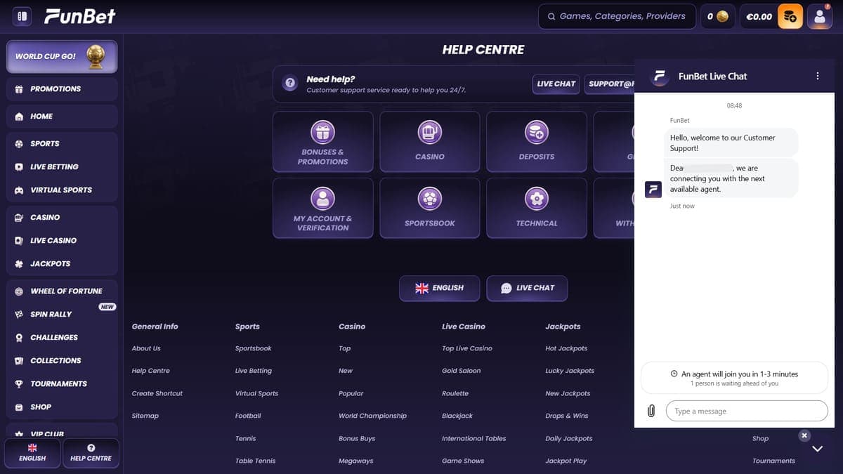 Customer service Funbet Casino