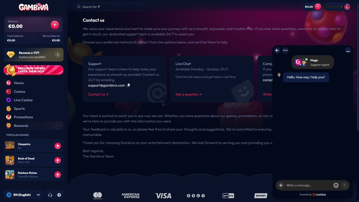Customer service Gambiva Casino