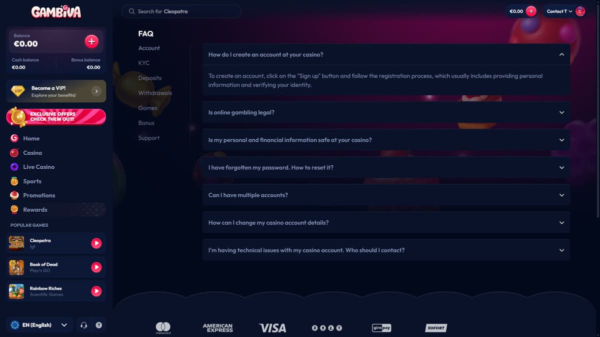 FAQ section Gambiva Casino