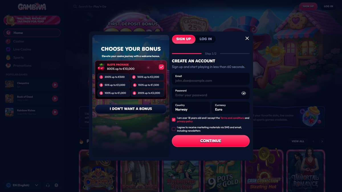 Sign up Gambiva Casino