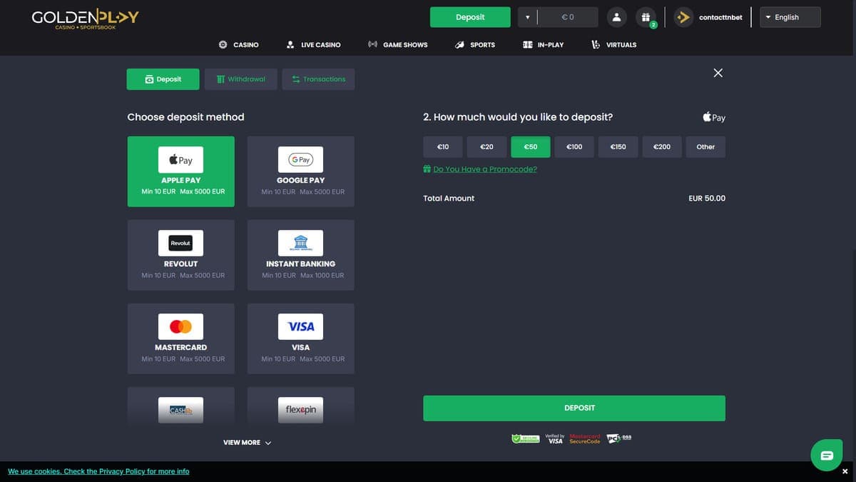 Deposit GoldenPlay Casino
