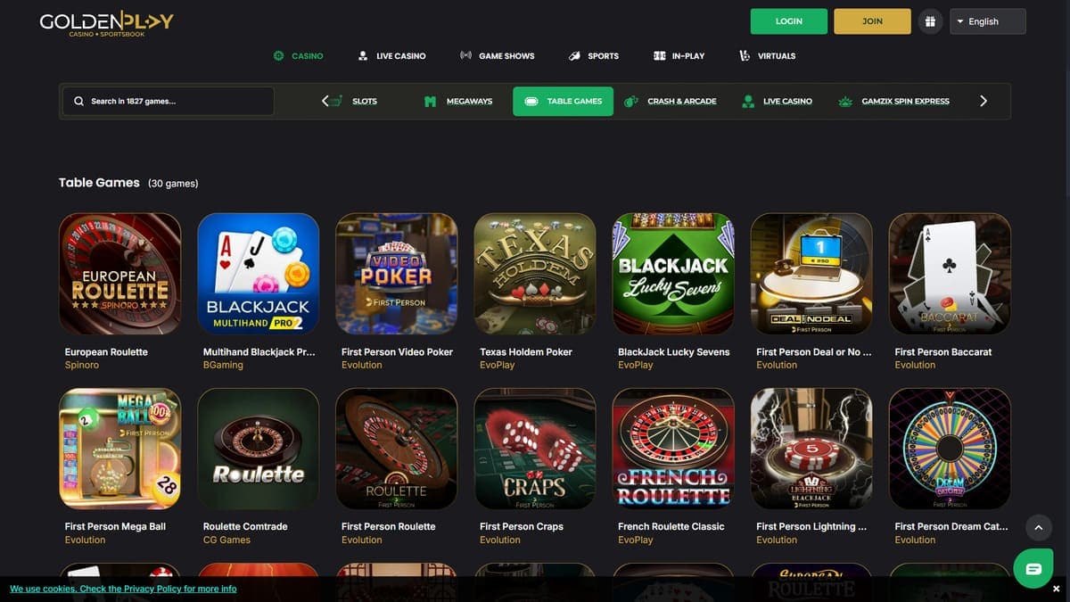 Table games GoldenPlay Casino