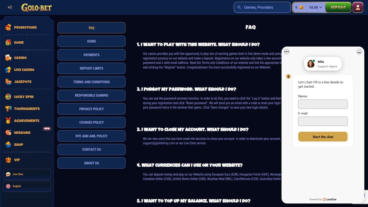 Customer service Golobet Casino