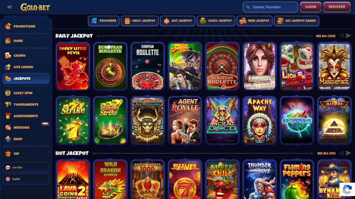Jackpots section Golobet Casino