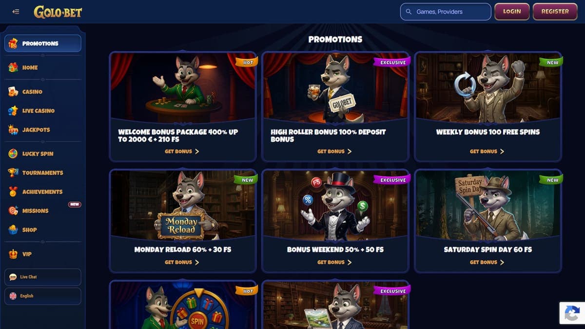 Promotions section Golobet Casino