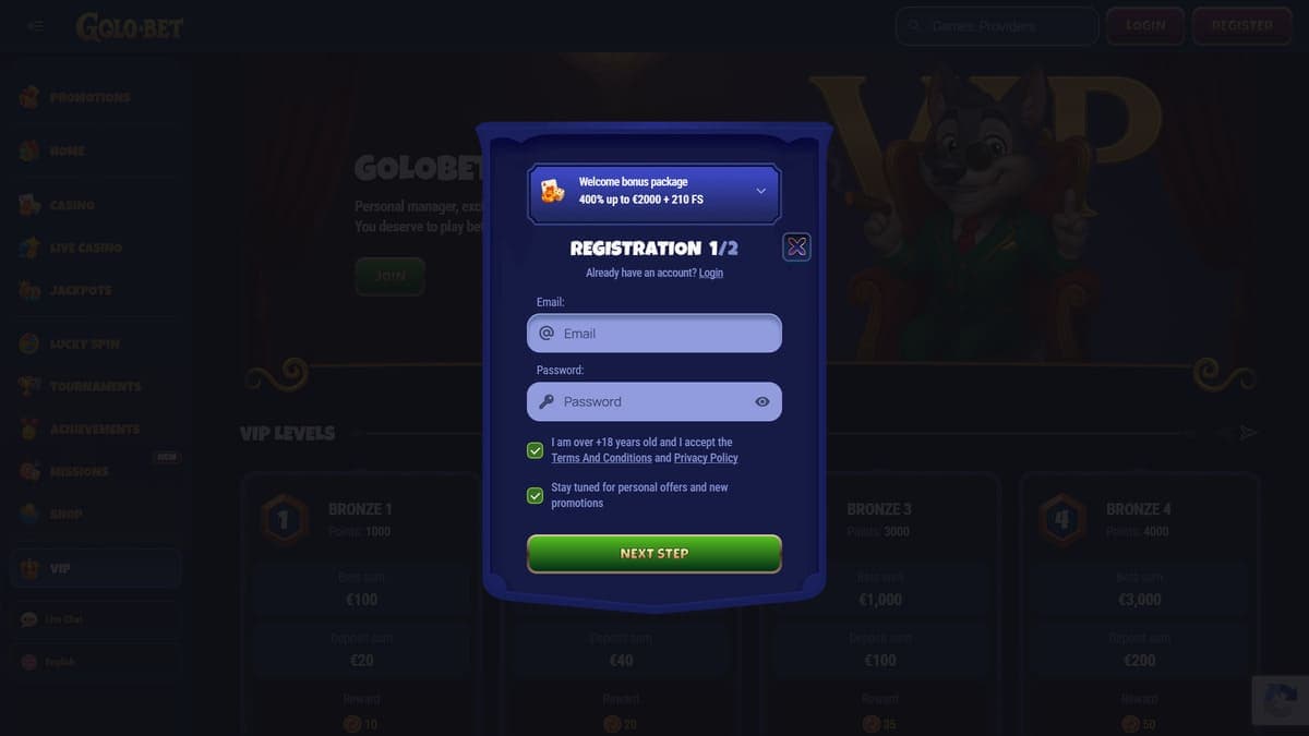 Sign up Golobet Casino