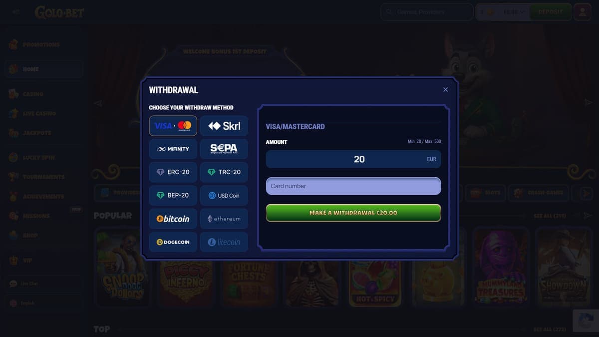 Withdrawal Golobet Casino