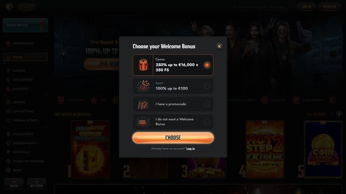 Sign up Gransino Casino