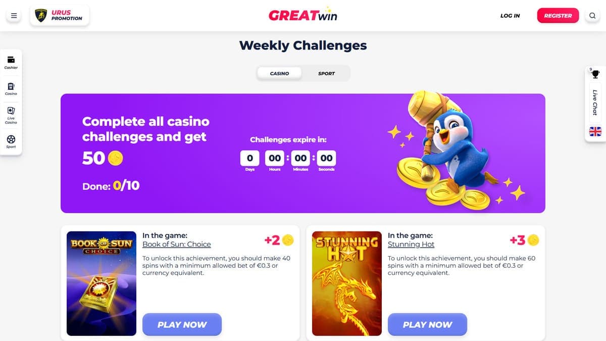 Weekly challenges GreatWin Casino