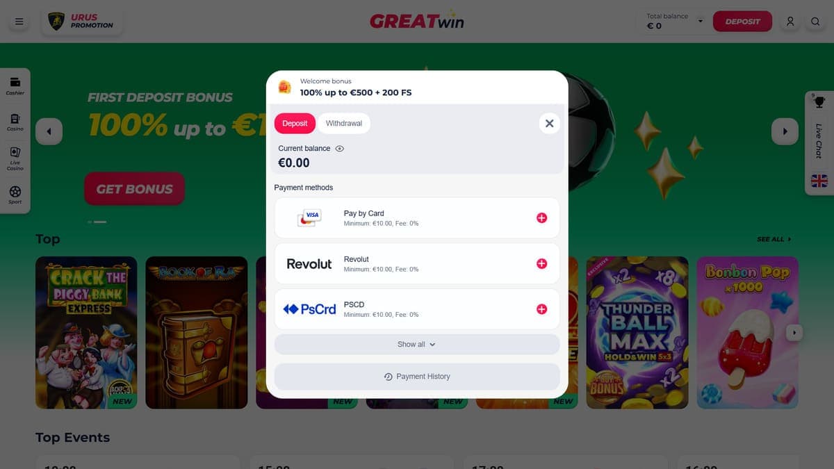 Deposit GreatWin Casino