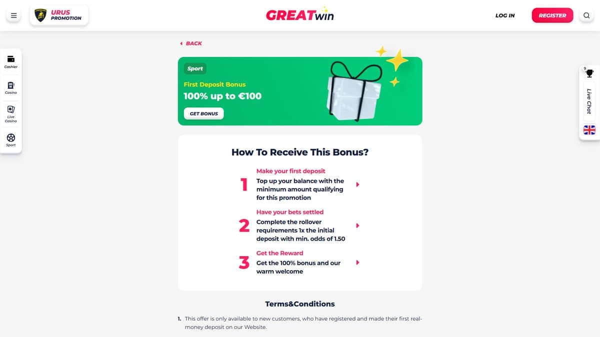 First deposit bonus GreatWin Casino