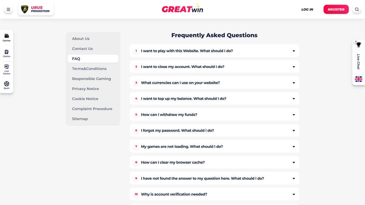 FAQ GreatWin Casino