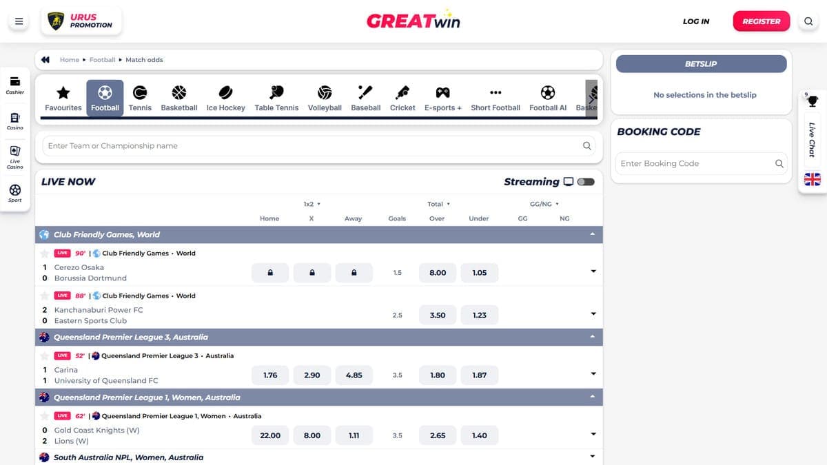 Live betting GreatWin Casino