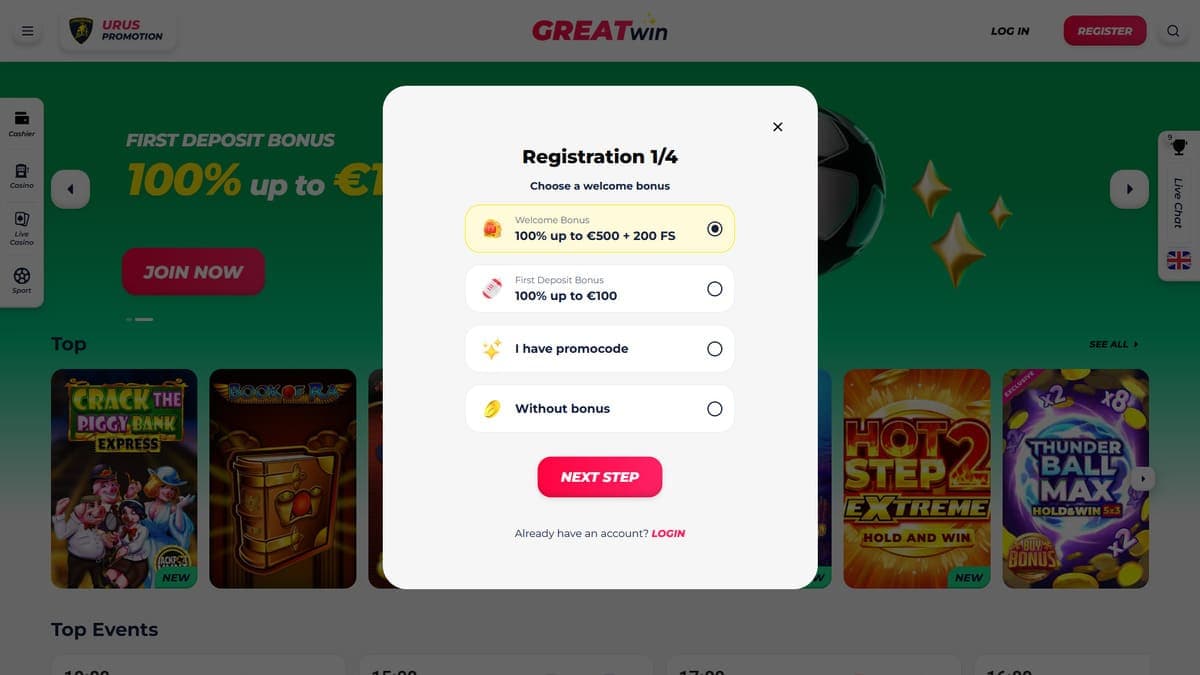 Registration GreatWin Casino