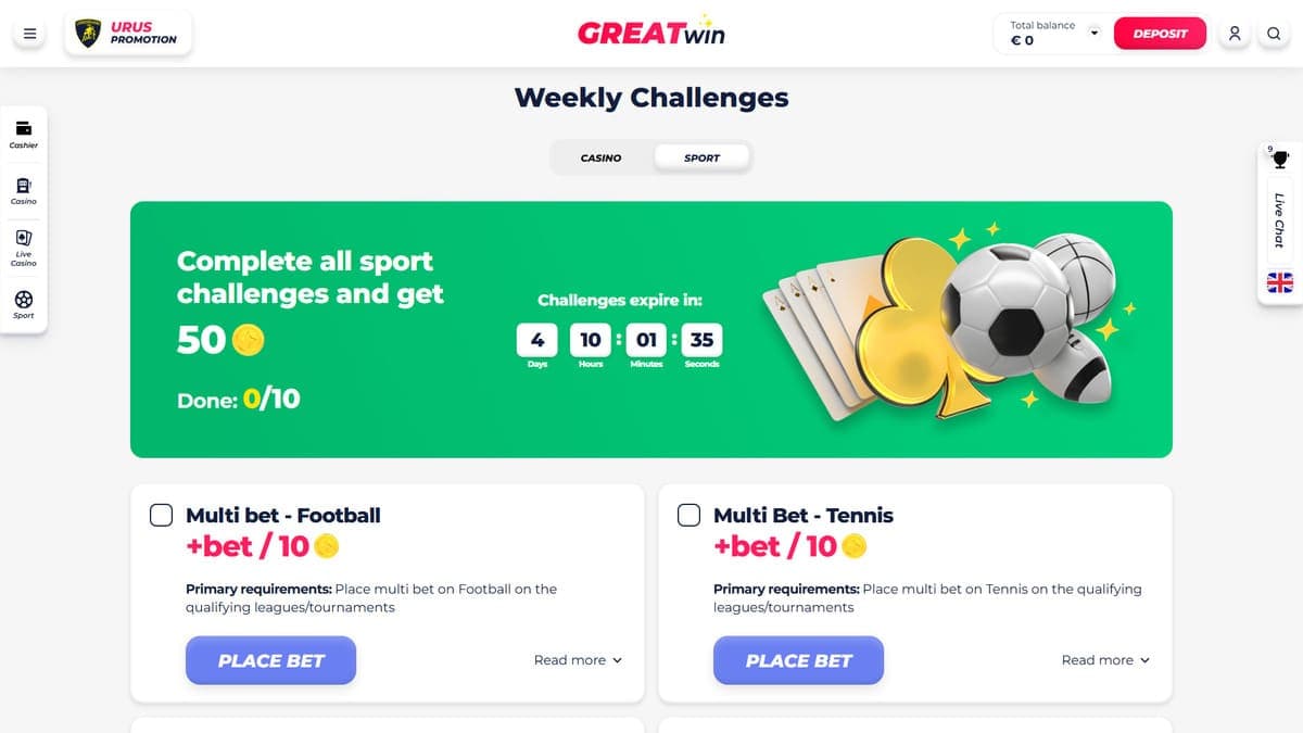 Sports challenges GreatWin Casino