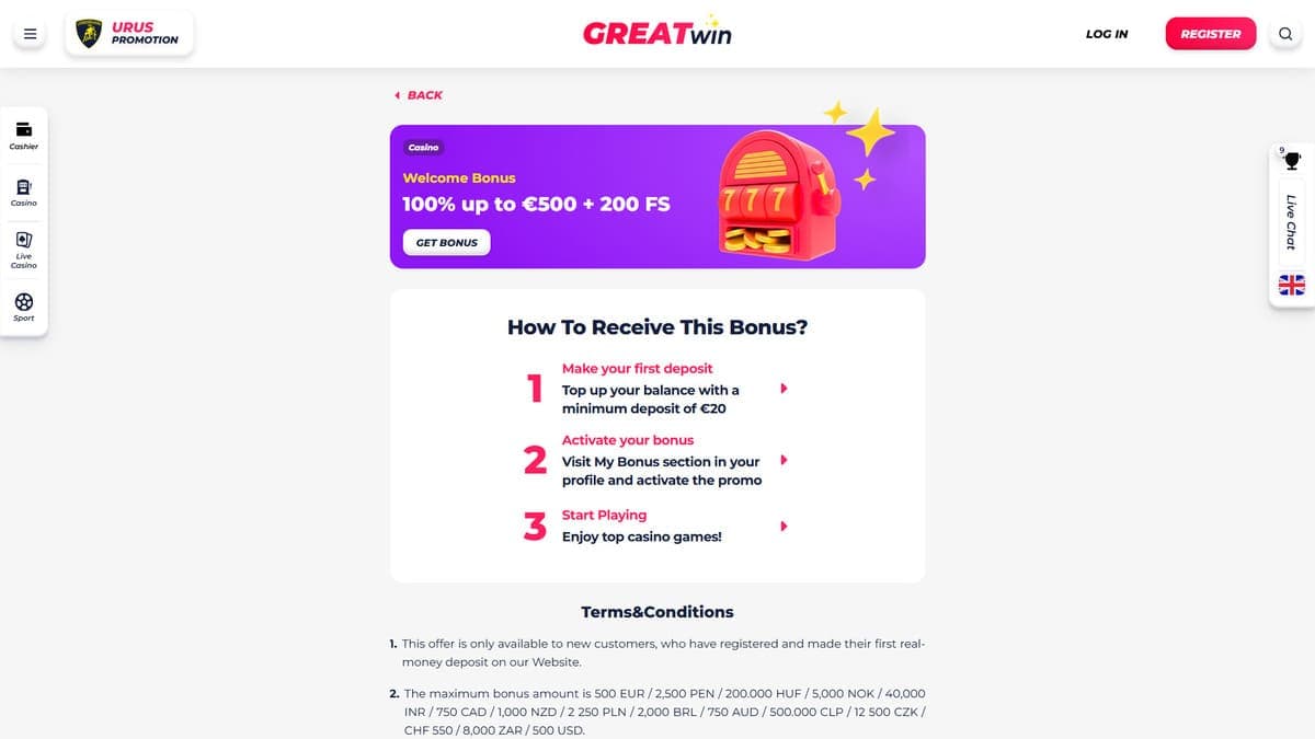 Welcome bonus GreatWin Casino