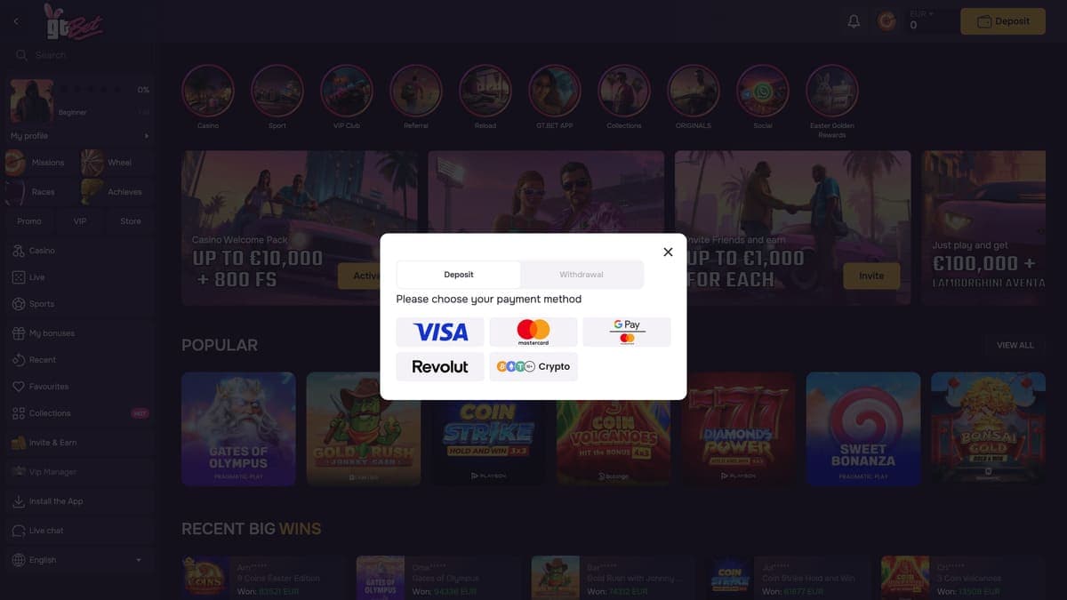 GTBet Casino Deposit