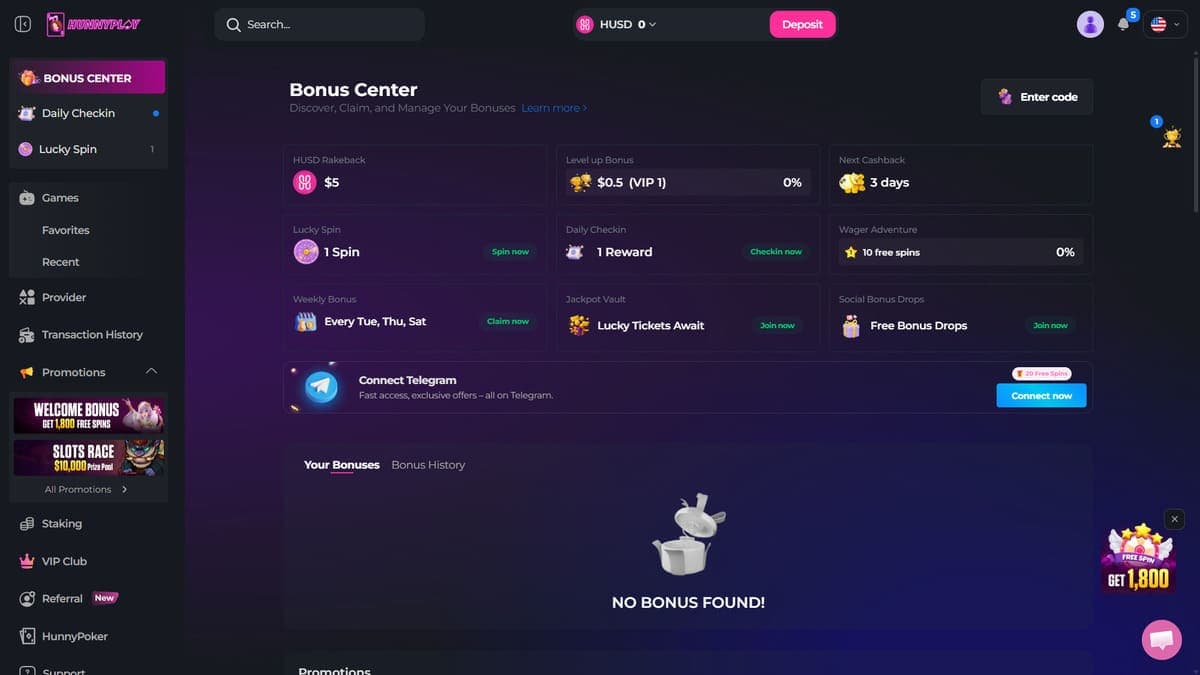 Bonus centre HunnyPlay Casino