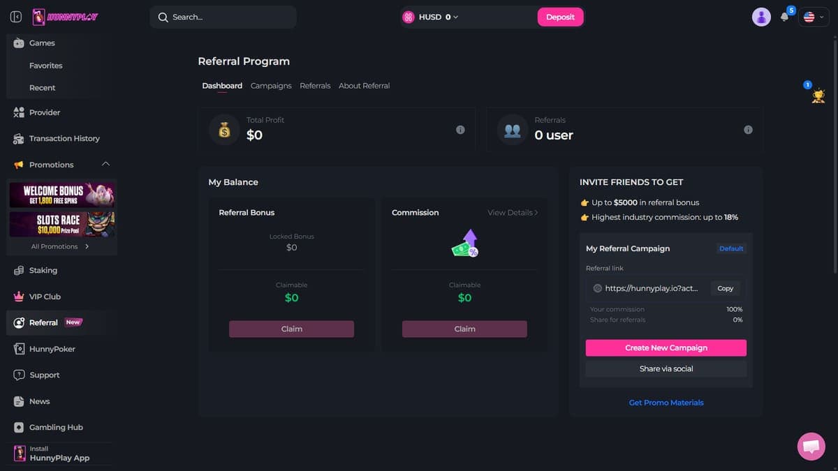 Referral programme HunnyPlay Casino