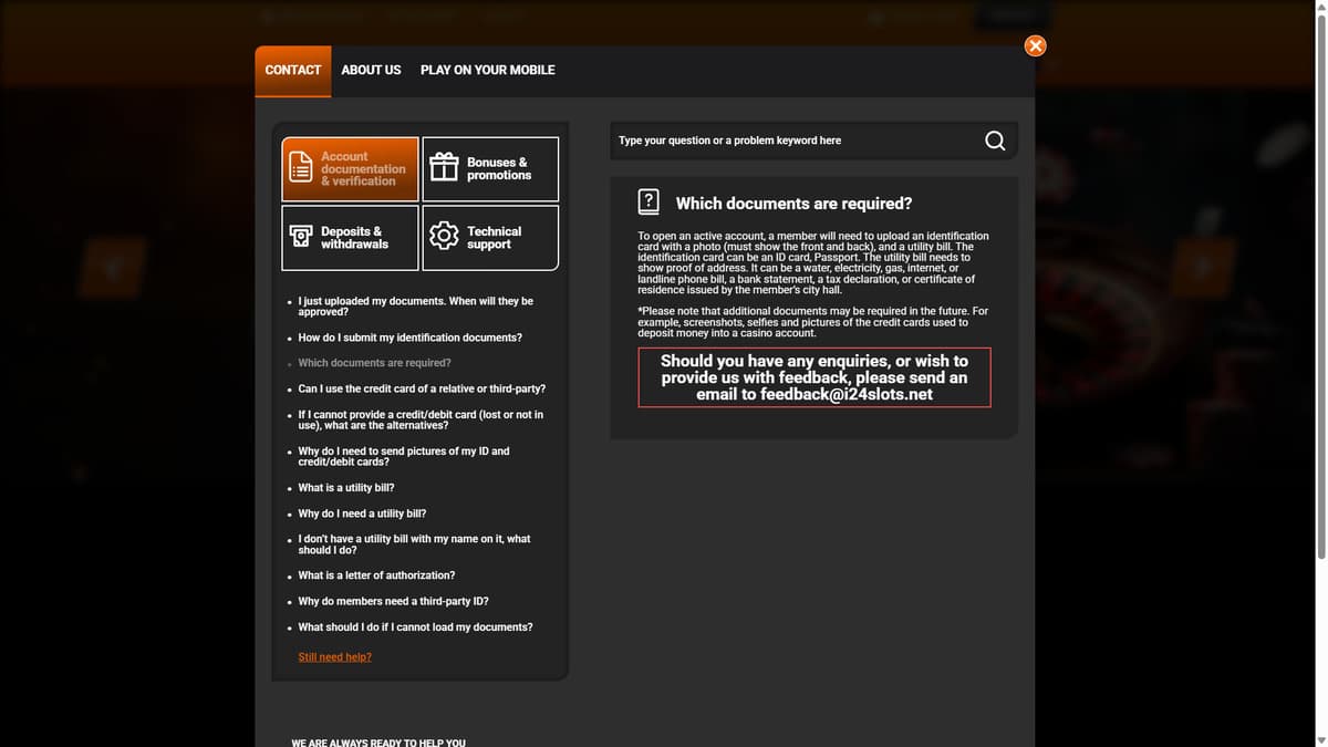 Customer service i24Slots Casino