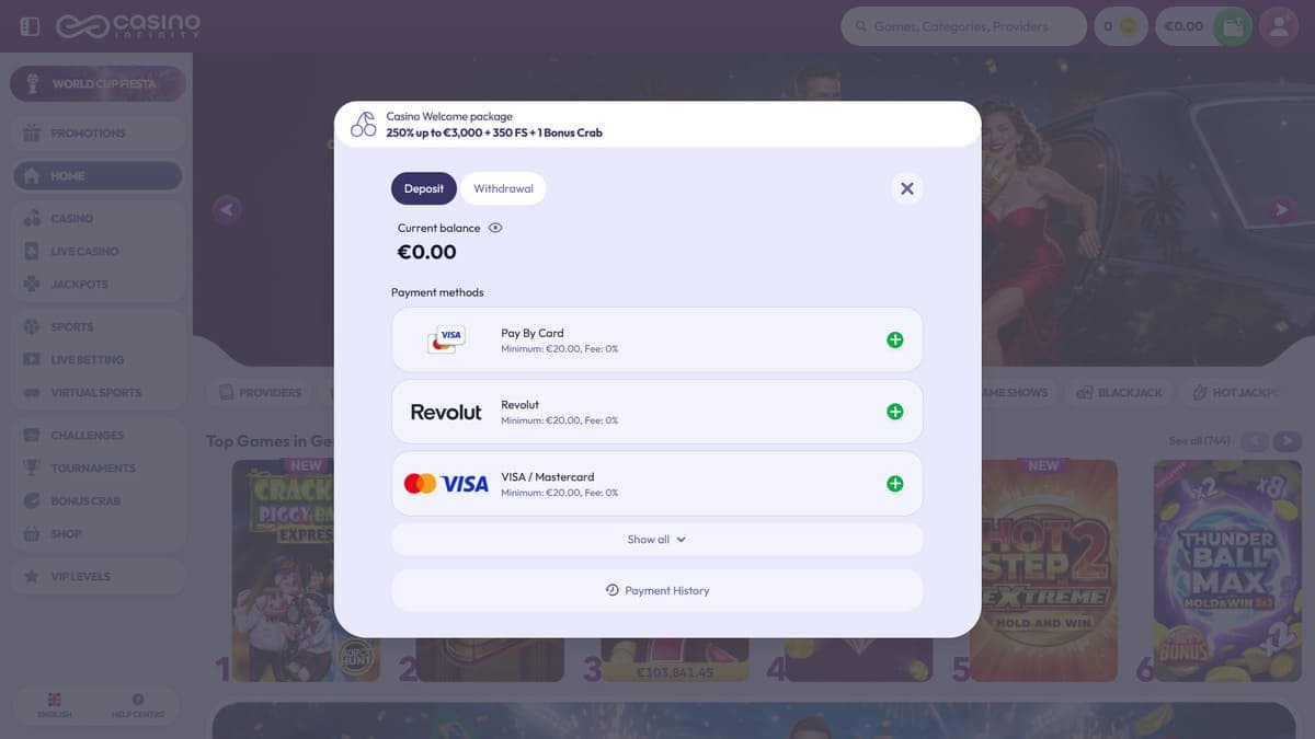 Deposit methods Infinity casino
