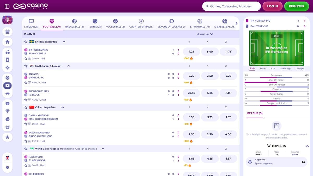 Live sports betting Infinity