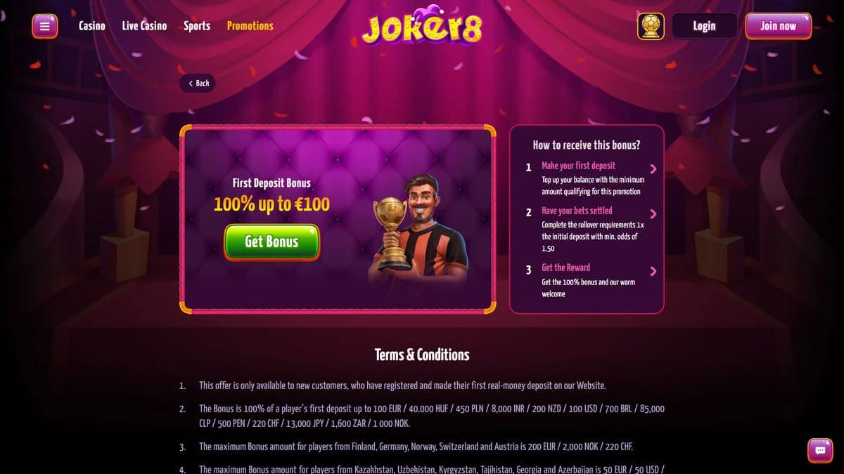 First deposit bonus Joker8 Casino