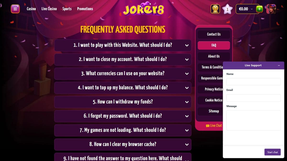 FAQ Joker8 Casino