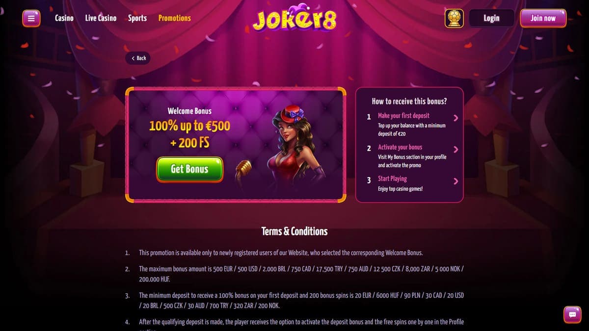 Welcome bonus Joker8 Casino