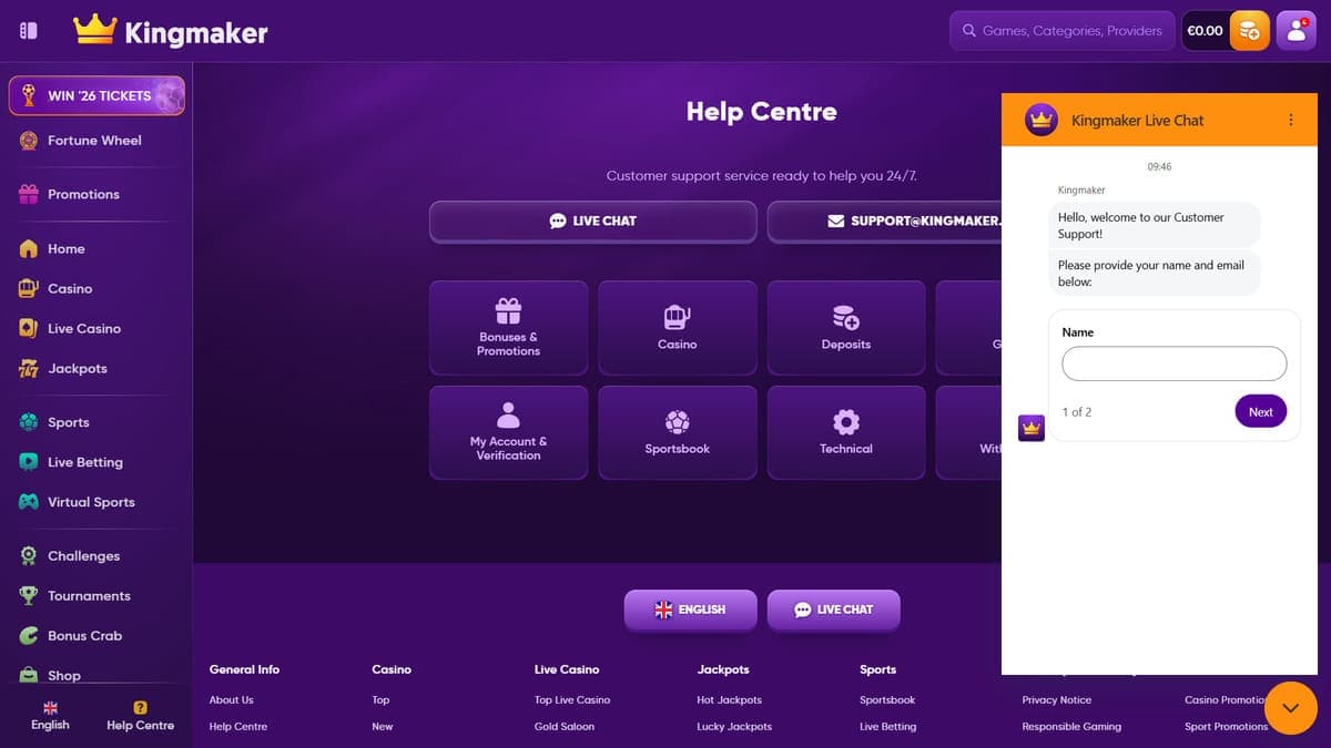 Customer support Kingmaker Casino