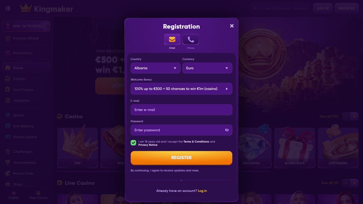 Registration Kingmaker Casino