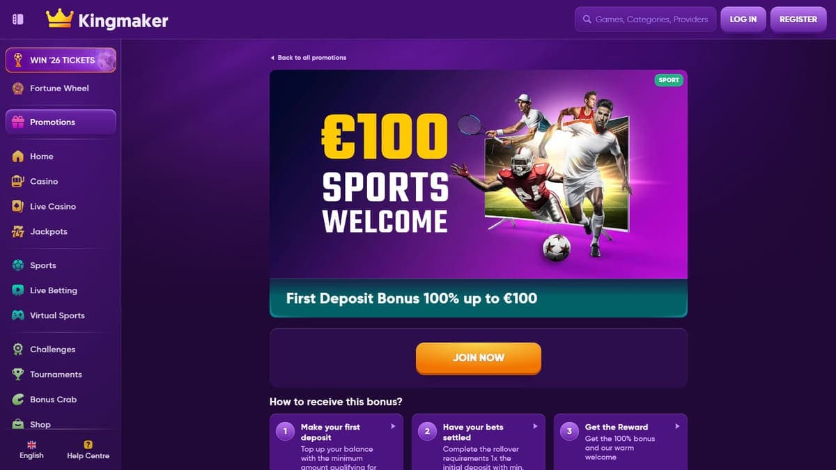 Sports welcome bonus Kingmaker Casino
