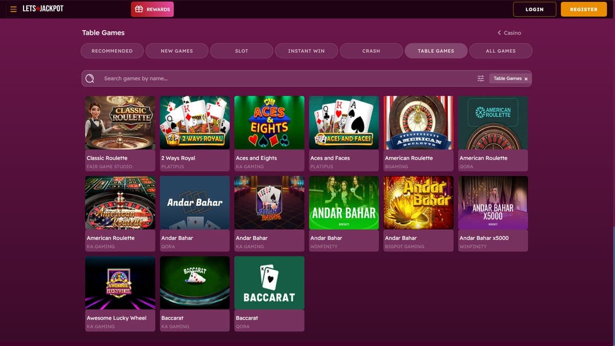 Table games Let's Jackpot Casino