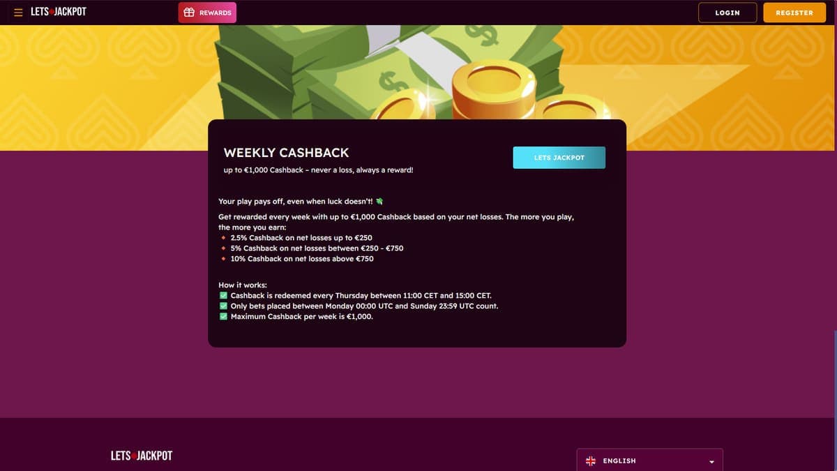 Thursday cashback Let's Jackpot Casino