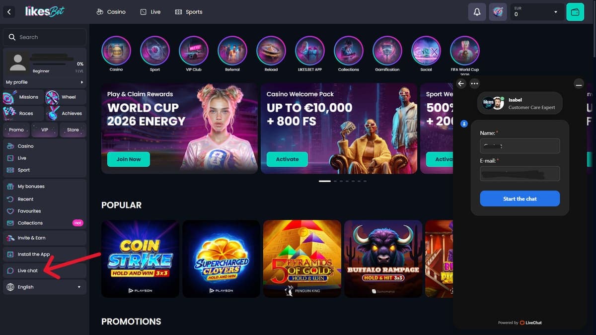 Customer service Likes.Bet Casino