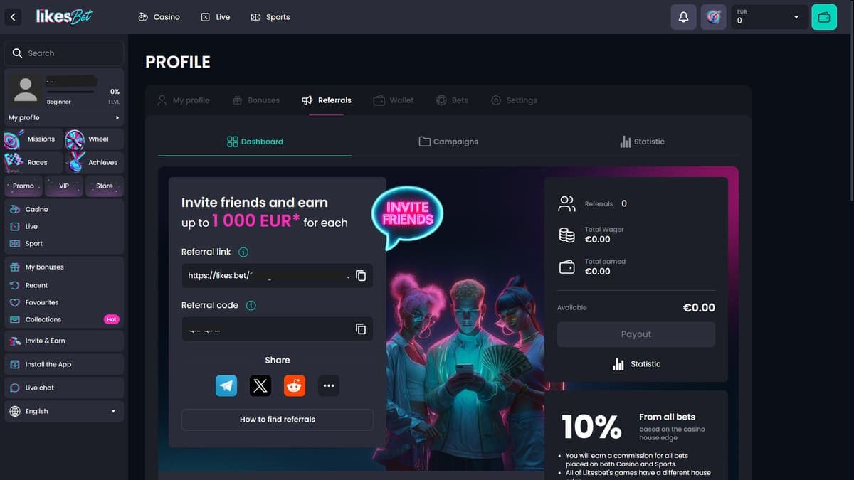 Referral programme Likes.Bet Casino