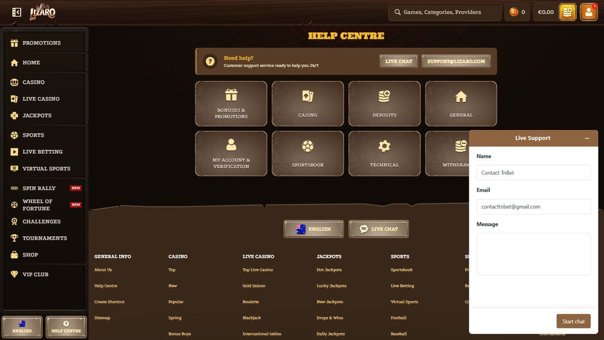 Customer support Lizaro Casino