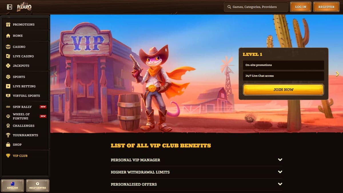 VIP club benefits Lizaro Casino