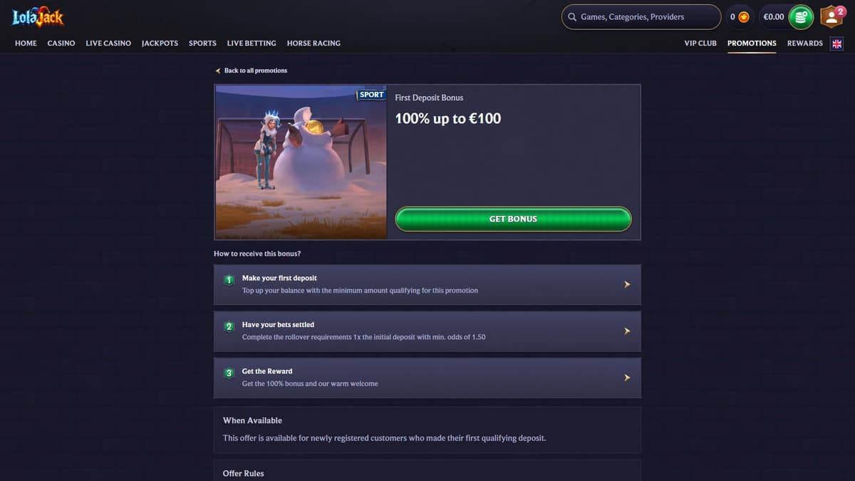 First bonus deposit LolaJack Casino
